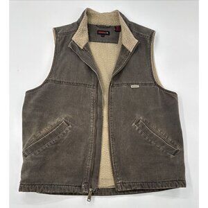 Wolverine Mens Canvas Work Vest Medium Brown Distressed Sherpa Fleece Lined Zip